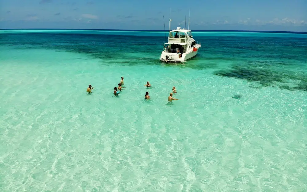people on body of water across white yacht